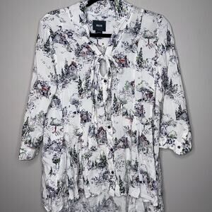 Maeve Anthropologie Women Large Button Down Top White Navy Blue Cottage Tie Neck